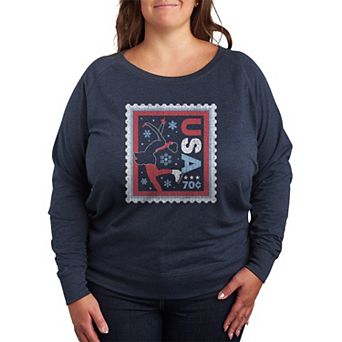 Plus Size Women's Plus Figure Skater USA Stamp Distressed French Terry Long Sleeve Tee