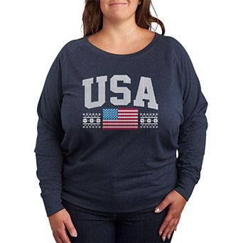 Plus Size USA Winter Sports Sweater Pattern French Terry Long Sleeve Tee