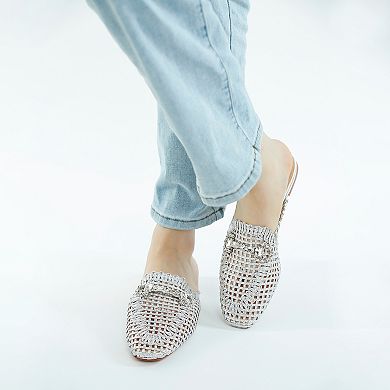 London Rag Roboma Women's Woven Metallic Diamante Mules