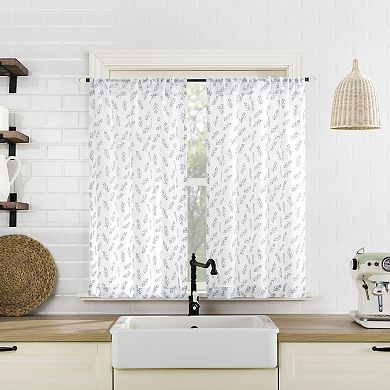 No. 918 Hawthorne Floral Leaf Sheer Rod Pocket Kitchen Curtain Tier Pair