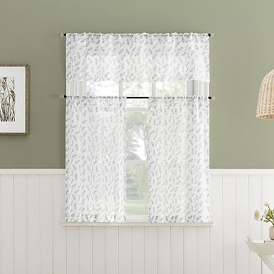 No. 918 Hawthorne Floral Leaf Sheer Rod Pocket Kitchen Curtain Tier Pair