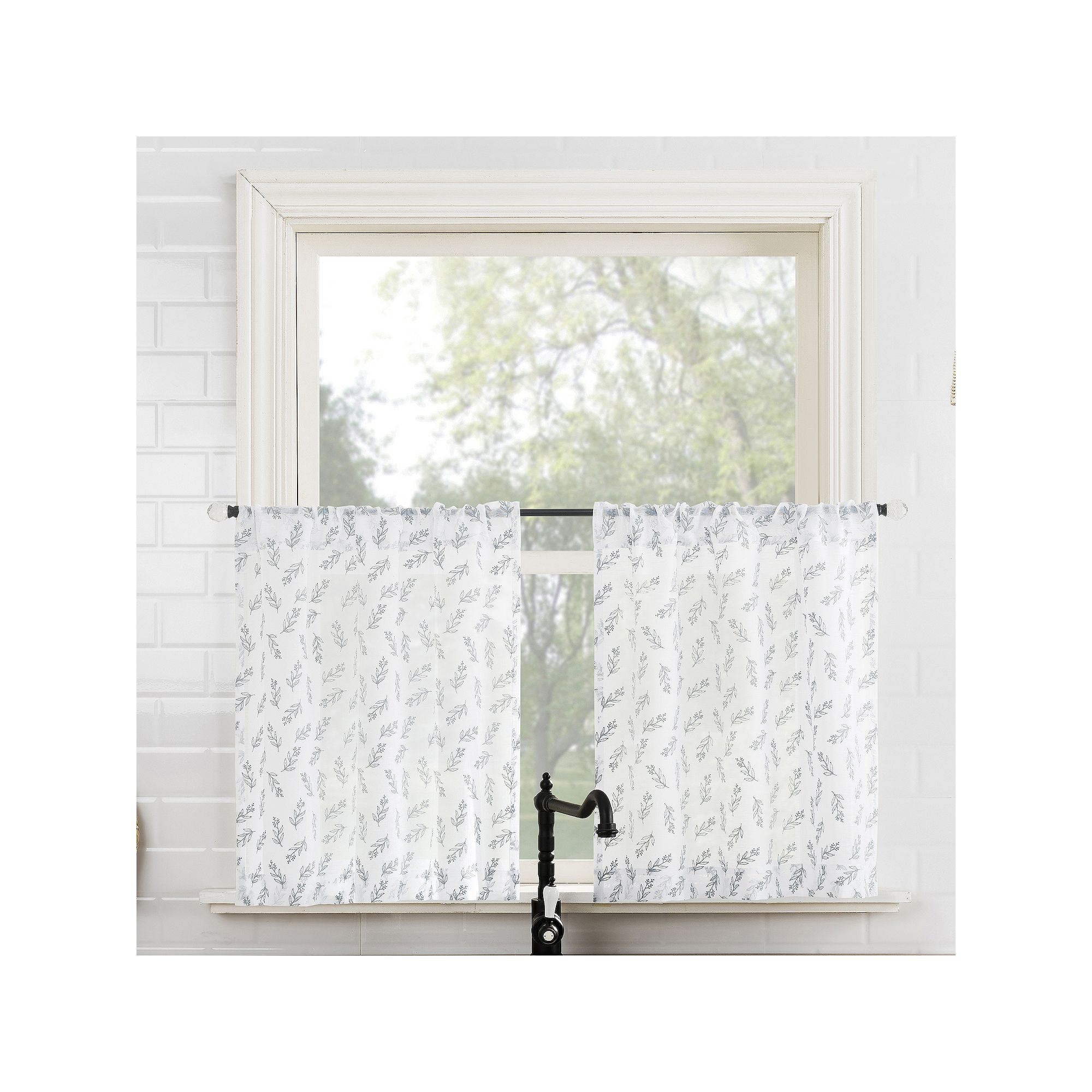 No. 918 Hawthorne Floral Leaf Sheer Rod Pocket Kitchen Curtain Tier Pair, C