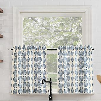 No. 918 Tonal Seashell Print Semi-Sheer Rod Pocket Kitchen Curtain Tier Pair