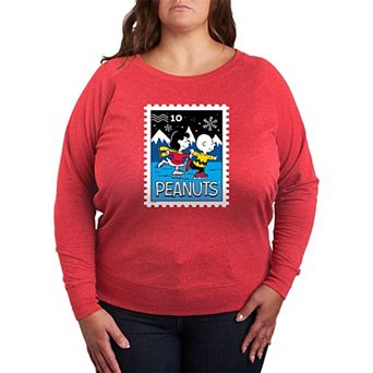 Plus Size Peanuts Lucy & Charlie's Ice Skating Stamp French Terry Long Sleeve Tee