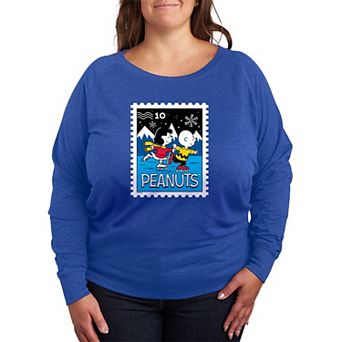 Plus Size Peanuts Lucy & Charlie's Ice Skating Stamp French Terry Long Sleeve Tee