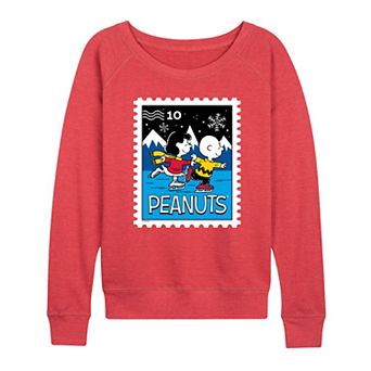 Women's Peanuts Lucy & Charlie Ice Skating Stamp French Terry Long Sleeve Tee