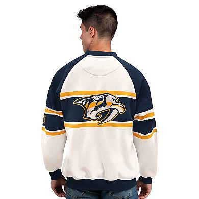 Men's Starter White Nashville Predators Defense Fleece Crewneck Sweatshirt