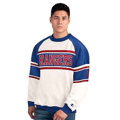 Men's Starter White New York Rangers Defense Fleece Crewneck Sweatshirt