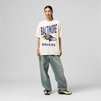Women's Mitchell & Ness Cream Baltimore Ravens Logo Rise Boyfriend T-Shirt
