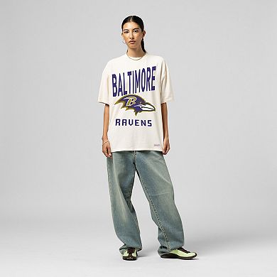 Women's Mitchell & Ness Cream Baltimore Ravens Logo Rise Boyfriend T-Shirt
