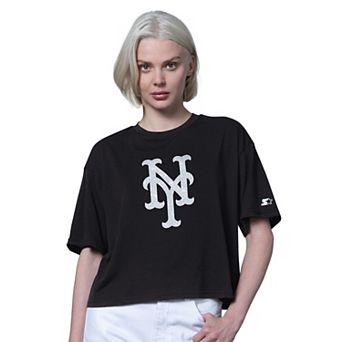 Women's Starter Black New York Mets Holy Grail Boxy Cropped T-Shirt