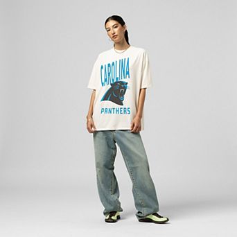 Women's Mitchell & Ness Cream Carolina Panthers Logo Rise Boyfriend T-Shirt