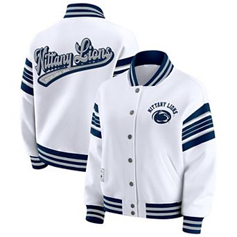 Women's WEAR by Erin Andrews White/Navy Penn State Nittany Lions Satin Stitch Full-Snap Fleece Sweatshirt Jacket