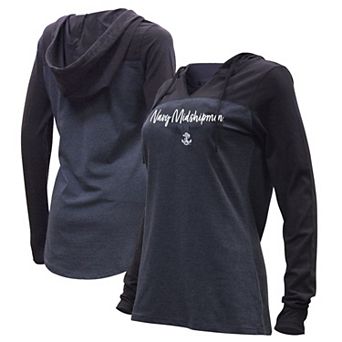 Women's Heather Navy Navy Midshipmen Knockout Color Block Hooded V-Neck Long Sleeve T-Shirt