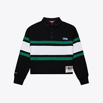 Women's Mitchell & Ness Black Seattle Seahawks Throwback Cropped Long Sleeve Rugby Polo