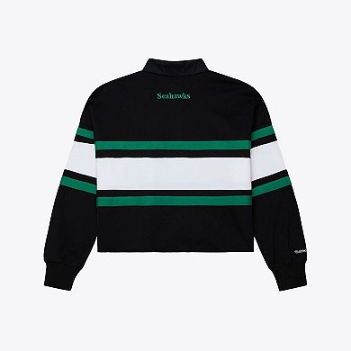 Women's Mitchell & Ness Black Seattle Seahawks Throwback Cropped Long Sleeve Rugby Polo