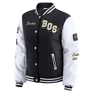 Women's WEAR by Erin Andrews Black/White Boston Bruins Varsity Full-Snap Puffer Jacket