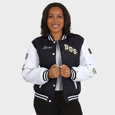 Women's WEAR by Erin Andrews Black/White Boston Bruins Varsity Full-Snap Puffer Jacket