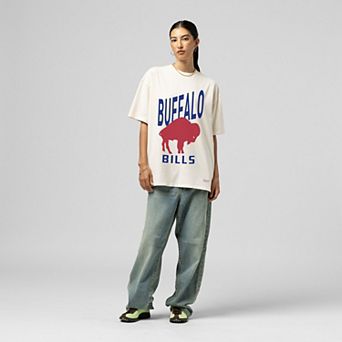 Women's Mitchell & Ness Cream Buffalo Bills Logo Rise Boyfriend T-Shirt
