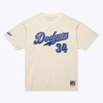 Men's Mitchell & Ness Fernando Valenzuela Cream Los Angeles Dodgers Cooperstown Collection Throwback Name & Number T-Shirt