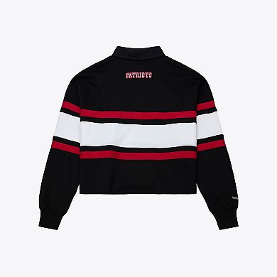 Women's Mitchell & Ness Black New England Patriots Throwback Cropped Long Sleeve Rugby Polo