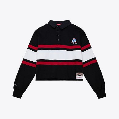 Women's Mitchell & Ness Black New England Patriots Throwback Cropped Long Sleeve Rugby Polo