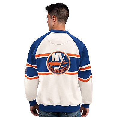 Men's Starter White New York Islanders Defense Fleece Crewneck Sweatshirt
