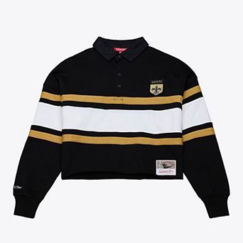 Women's Mitchell & Ness Black New Orleans Saints Cropped Long Sleeve Rugby Polo