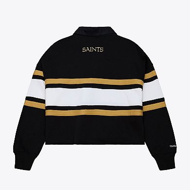 Women's Mitchell & Ness Black New Orleans Saints Cropped Long Sleeve Rugby Polo