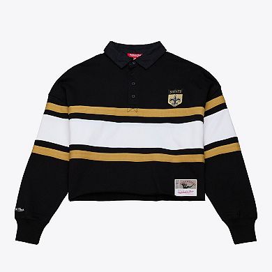 Women's Mitchell & Ness Black New Orleans Saints Cropped Long Sleeve Rugby Polo