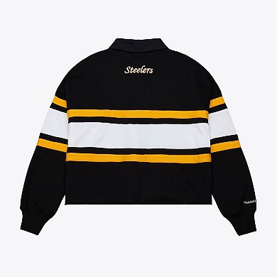 Women's Mitchell & Ness Black Pittsburgh Steelers Cropped Long Sleeve Rugby Polo