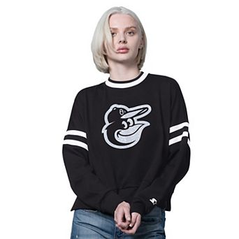 Women's Starter Black Baltimore Orioles Rally Cropped Drop Shoulder Crewneck Sweatshirt
