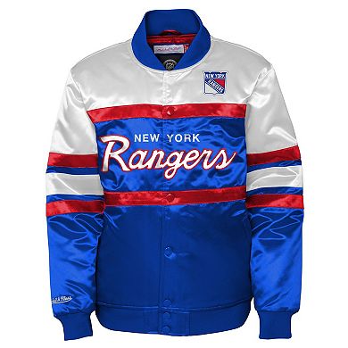 Youth Mitchell & Ness Blue New York Rangers Satin Raglan Full-Snap Jacket