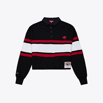 Women's Mitchell & Ness Black Buffalo Bills Throwback Cropped Long Sleeve Rugby Polo