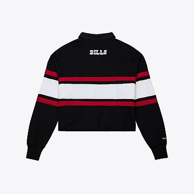 Women's Mitchell & Ness Black Buffalo Bills Throwback Cropped Long Sleeve Rugby Polo