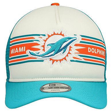 Youth New Era Cream/Aqua Miami Dolphins Banner 9FIFTY A-Frame Adjustable Trucker Hat