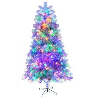 Merax Sliver Pre-Lit Artificial Christmas Tree, Hinged Full Tree with Metal Stand