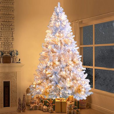 Merax Sliver Pre-Lit Artificial Christmas Tree, Hinged Full Tree with Metal Stand