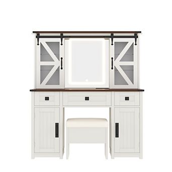 Merax 43.3" Farmhouse Makeup Vanity Desk with Lighted Mirror, Vanity Table Set with Storage Stool