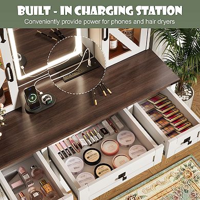 Merax 43.3" Farmhouse Makeup Vanity Desk with Lighted Mirror, Vanity Table Set with Storage Stool