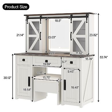 Merax 43.3" Farmhouse Makeup Vanity Desk with Lighted Mirror, Vanity Table Set with Storage Stool