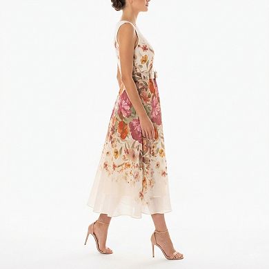 Women's Maison Tara Floral Printed Belted Fit & Flare Midi Dress