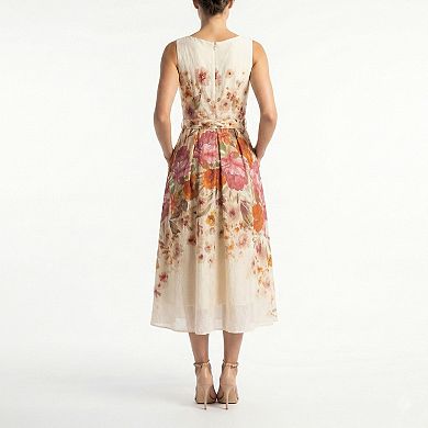 Women's Maison Tara Floral Printed Belted Fit & Flare Midi Dress