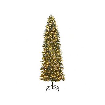 Prelit Pencil Snow Flocked Spruce Artificial Christmas Tree, Pre-Decorated with Pine Cones Trees