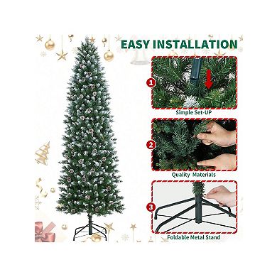 Prelit Pencil Snow Flocked Spruce Artificial Christmas Tree, Pre-Decorated with Pine Cones Trees