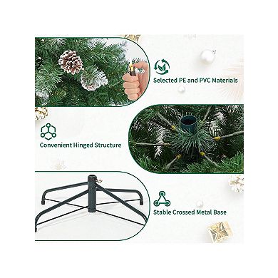 Prelit Pencil Snow Flocked Spruce Artificial Christmas Tree, Pre-Decorated with Pine Cones Trees