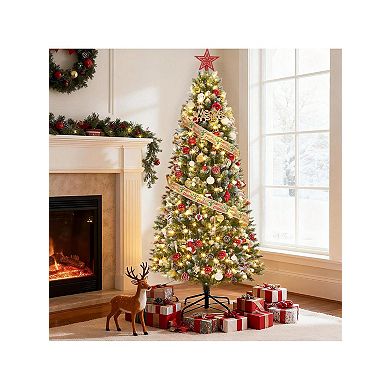 Prelit Pencil Snow Flocked Spruce Artificial Christmas Tree, Pre-Decorated with Pine Cones Trees