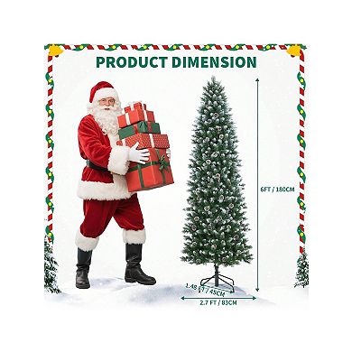 Prelit Pencil Snow Flocked Spruce Artificial Christmas Tree, Pre-Decorated with Pine Cones Trees