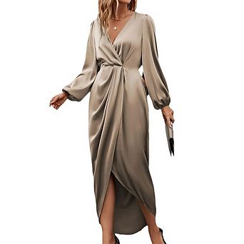 Women's Satin Wrap Maxi Dress Long Sleeve Deep V-Neck Ruched Waist Dress