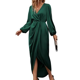 Women's Satin Wrap Maxi Dress Long Sleeve Deep V-Neck Ruched Waist Dress